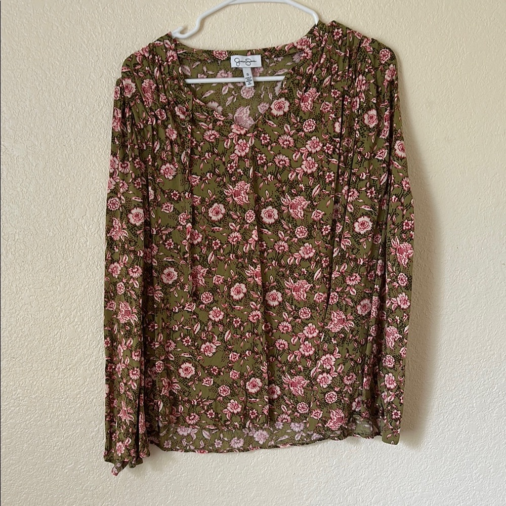 Jessica Simpson Green Blouse with Pink Floral Accents